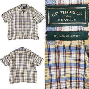 CC Filson Co Shirt Mens XL Plaid Check Button Linen Blend Short Sleeve Western